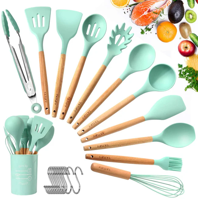 (free home deliver) 12 Pcs Silicone & Heat Resistant Spoons Set with Long Wooden Handle Kitchen Utensils Set - Image 4