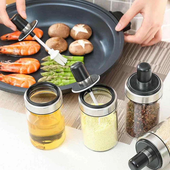 Pack of 3 Glass Seasoning Tank Kitchen Spice Kit Bottles Pepper Spoon Seasoning Jars Brush Honey Container Food Storage Container - Image 3