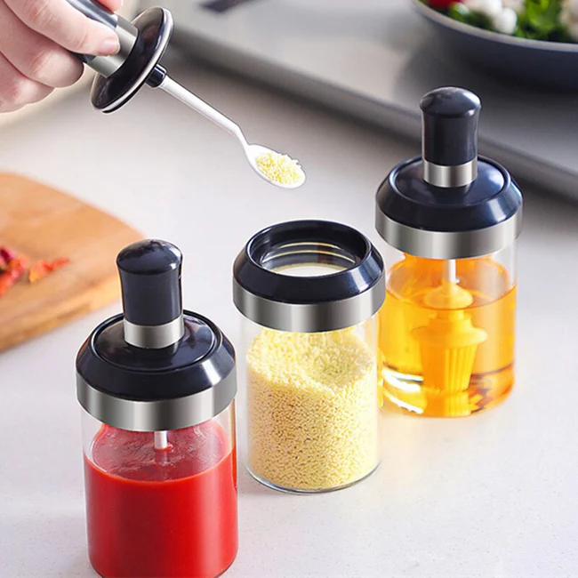 Pack of 3 Glass Seasoning Tank Kitchen Spice Kit Bottles Pepper Spoon Seasoning Jars Brush Honey Container Food Storage Container - Image 4