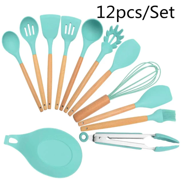 (free home deliver) 12 Pcs Silicone & Heat Resistant Spoons Set with Long Wooden Handle Kitchen Utensils Set - Image 5