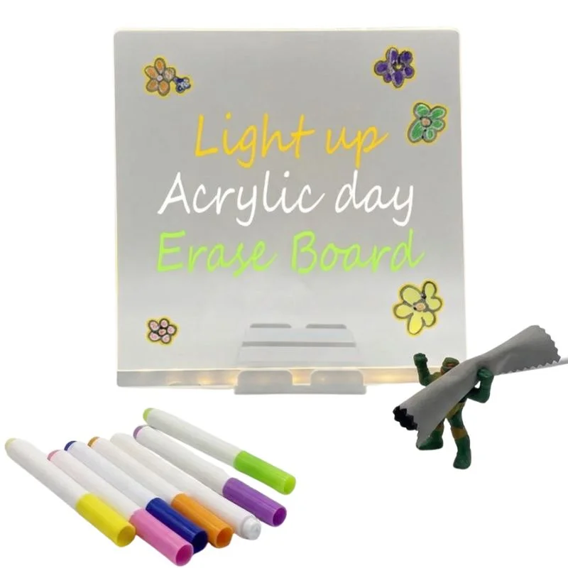 8x8 Inches LED Acrylic Writing Board with USB Light | 7 Colorful Erasable Pens | Message Board with Markers & Stand - Image 5